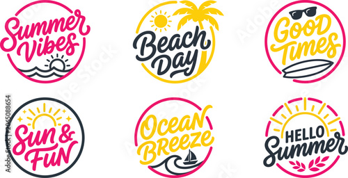 Foto Collection of six summer themed circular stickers with colorful designs and phra
