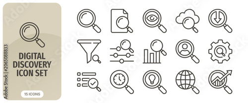 Canvastavla Digital discovery icon set, thin line style, magnifying glass searching for vari