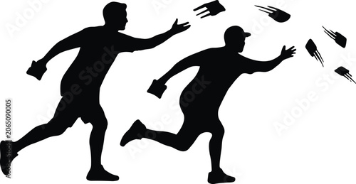 Schilderij op canvas Two men throwing objects in motion dynamic action scene silhouette