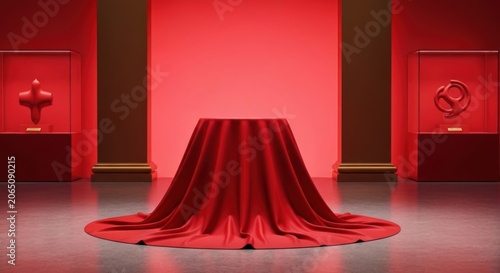 Gallery room with draped pedestal and red, geometric art displays