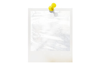 Photo card attached with a push pin isolated on a transparent background.