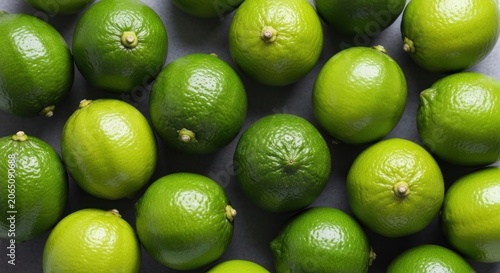 Overhead shot of numerous round green citrus fruits
