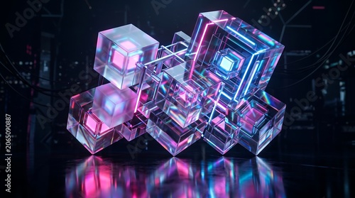 Abstract 3D Glass Cubes with Glowing Neon Pink and Blue Lights 