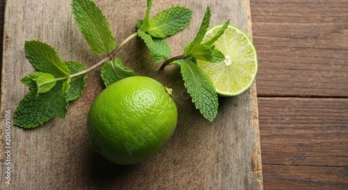 A vibrant lime, a halved lime, and mint sprigs atop a wooden board