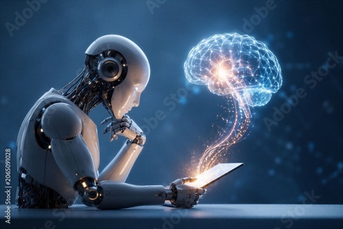 Obraz w ramie Artificial intelligence robot thinking and analyzing digital brain data