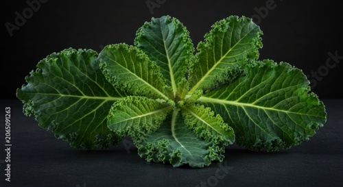 Dark studio shot of vibrant green kale leaves on a textured surface