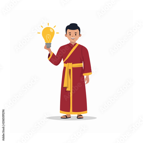 Man in traditional robe holding light bulb illustration