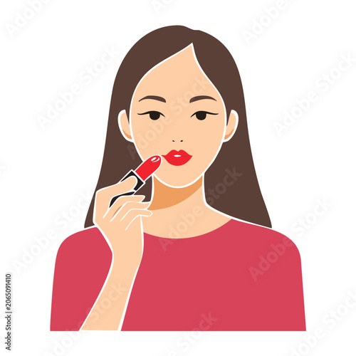 Woman applying red lipstick in flat design illustration