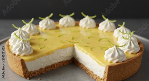 Creamy layered dessert with a sliced portion, garnished with lime and cream