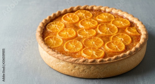 A close-up of a citrus tart, decorated with tangerine slices, on a gray surface