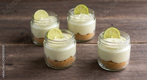 Four mini desserts in jars with lime garnish on a wooden surface