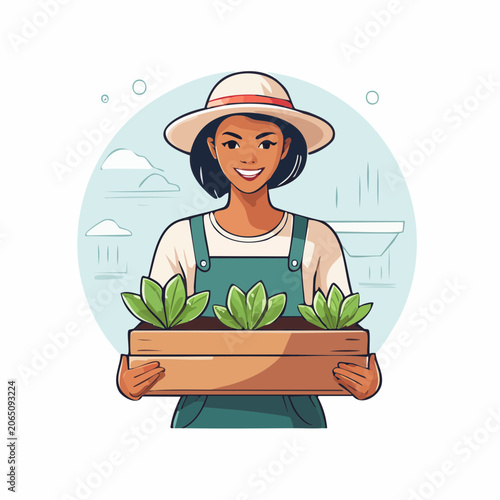 Woman Farmer Holding Seedlings in a Wooden Crate