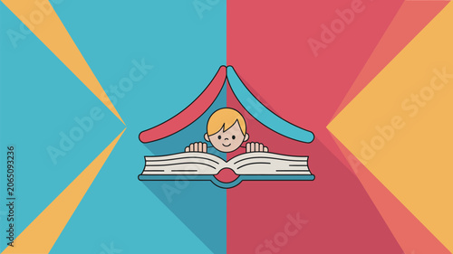 Student reads an open book under a conceptual roof structure representing education and learning.