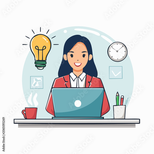 Woman Working on Laptop with Idea Lightbulb and Clock