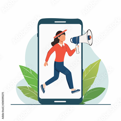 Woman with Megaphone Emerging from Smartphone Screen