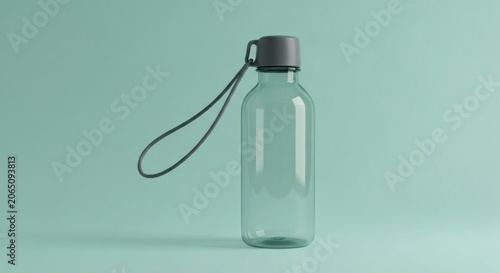 Sleek translucent water bottle with lid, strap, and soft green background