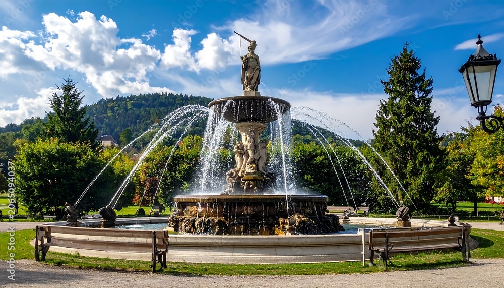 Fototapeta premium A large ornate fountain with multiple water jets and statues in a park with trees, grass, and a mountain background