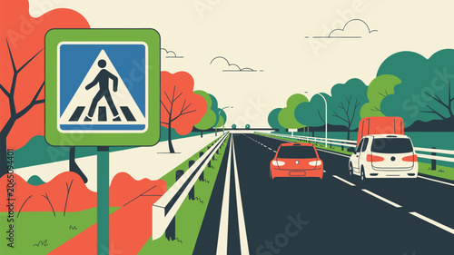 Pedestrian crossing sign stands beside a highway with vehicles traveling along an asphalt road.