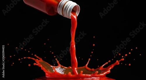 Red sauce splashes from bottle, forming a vibrant crown against black