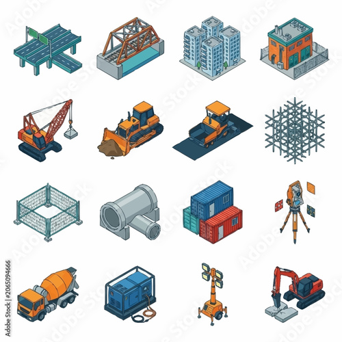 Set of isometric icons representing sustainable development and green technology solutions for environmental conservation.
