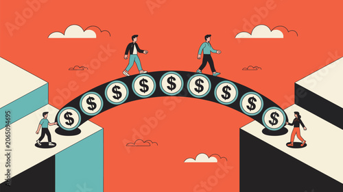 People walk across a bridge constructed from currency coins to illustrate financial success and connectivity.