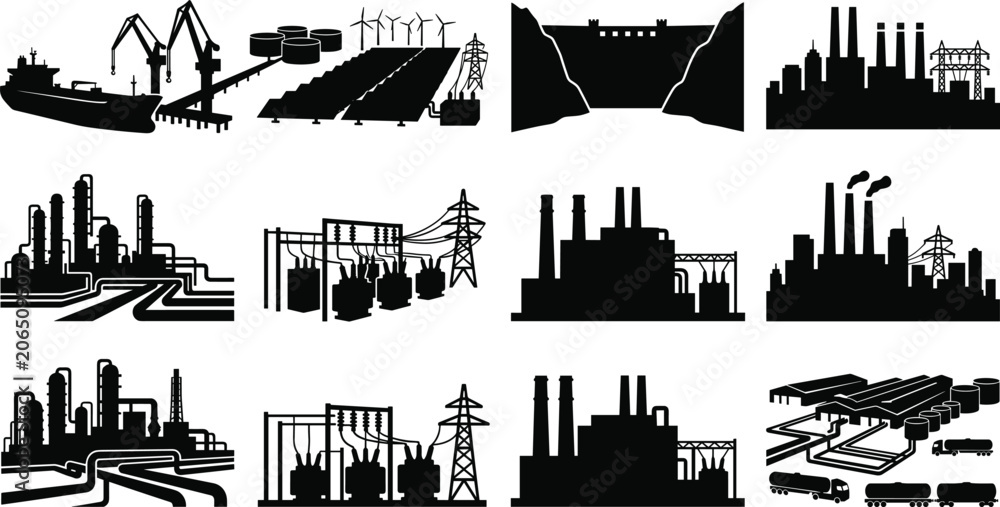 Obraz premium Industrial Energy and Utility Infrastructure Silhouette Icon Set with Power Plants and Logistics