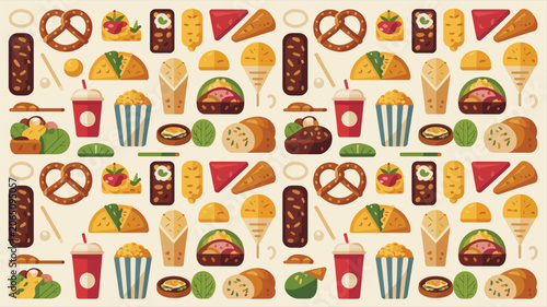 Fast food pattern features various snacks and beverages arranged in a colorful repeating design.