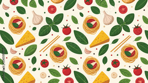 Pasta nests are combined with fresh tomatoes, garlic cloves, basil leaves, and cheese wedges in a savory culinary pattern.