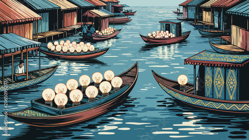Boats transport glowing incandescent light bulbs along a river in a bustling floating market setting.