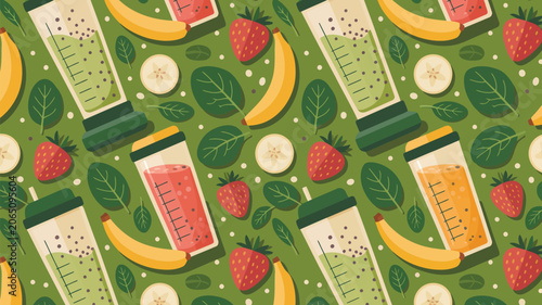 Smoothie cups are arranged in a repeating pattern alongside fresh strawberries, sliced bananas, and green spinach leaves on a textured green background.