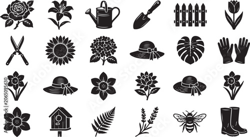 Foto gardening icons set flower tools bee plants garden accessories vector illustration collection