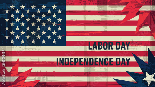American flag featuring a weathered texture is displayed with bold text for national holidays.