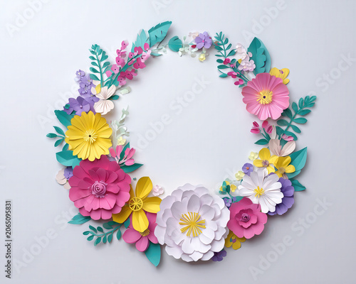 Paper flower wreath, paper craft floral frame, layered paper flower, decorative flower wreath, pastel floral circle