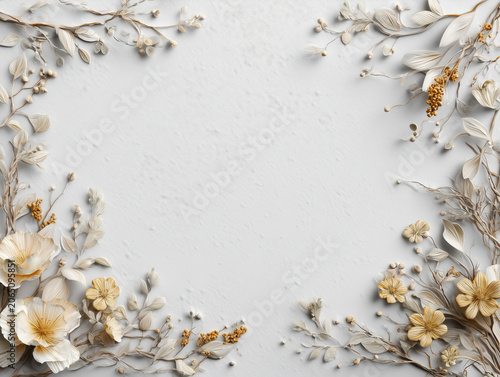 Paper floral frame with white and gold flower border on textured background, elegant blank space