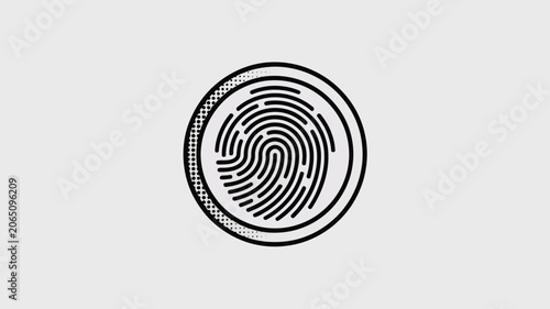 Fingerprint icon sits centered in a circular frame as a symbol of digital security and biometric identification.