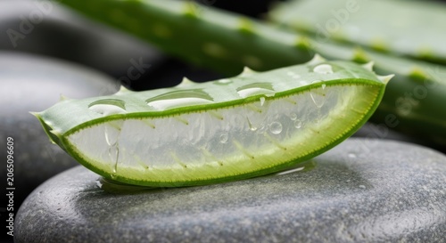 Close-up of cut succulent leaf with water droplets on stones