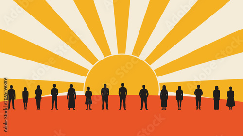 People silhouettes stand in a unified line against a vibrant sunset background representing community.
