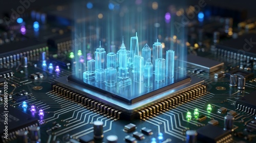 Holographic city skyline projected from computer chip