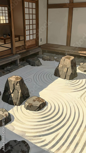 Minimal Zen Rock Garden in Early Morning Light