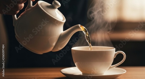 A hand pours steaming tea from a white teapot into a teacup