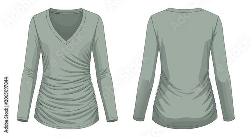 Sage Green Women Long Sleeve V-Neck Top with Side Ruched Detail Fashion Technical Flat Front and Back View