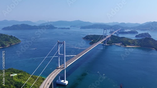 Drone Flying Toward Kurushima Kaikyo Bridge