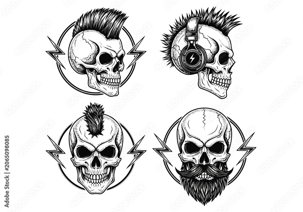 Fototapeta premium Punk Rock Skull Illustration Set with Mohawks and Headphones