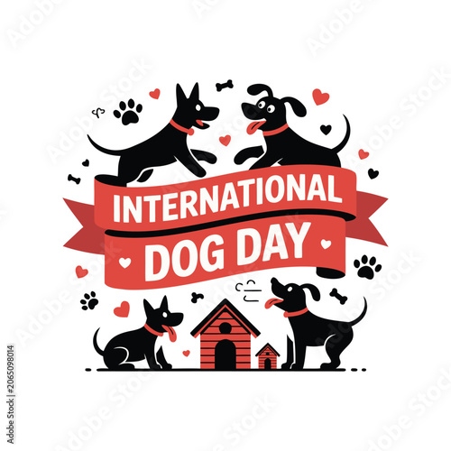 International Dog Day Celebration Banner with Cute Cartoon Dogs and Ribbon Typography