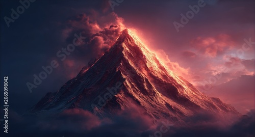 Fiery mountain peak glows in dramatic sunset