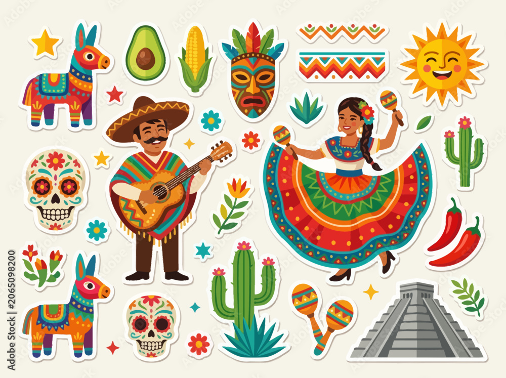 Obraz premium Mexican Fiesta Sticker Set with Mariachi, Pinata, Sugar Skull, and Cultural Icons