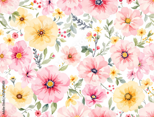 Romantic Blooming Pattern Background With Artistic Watercolor Flowers