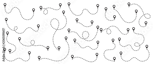 Tableau sur toile Route location icon set featuring two location pins connected by a dotted path, representing navigation, map directions, distance tracking, route planning and destination guidance