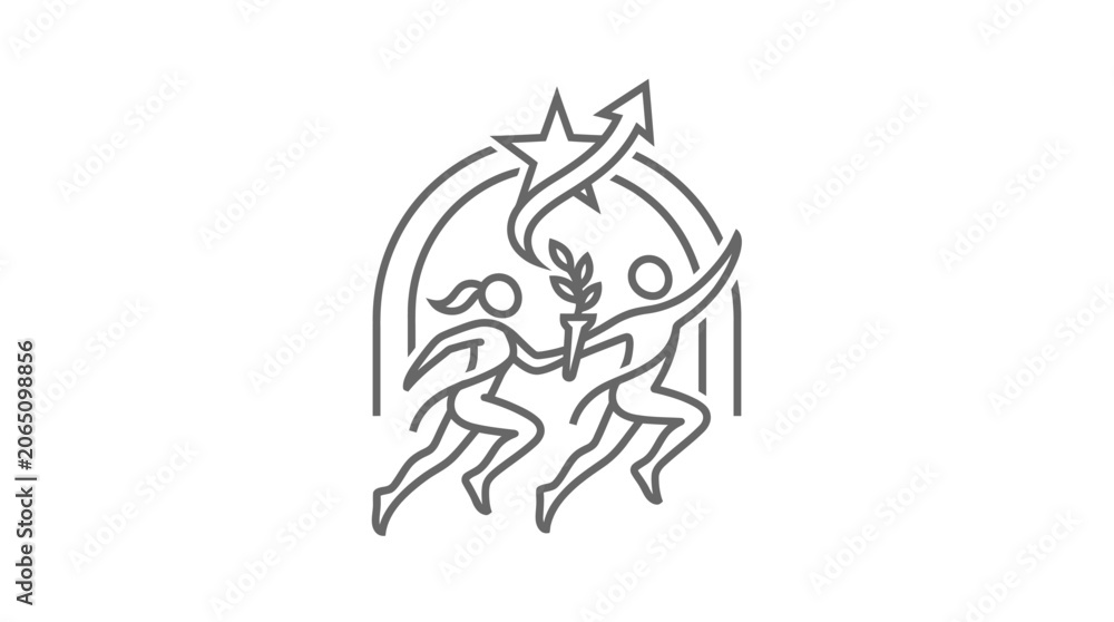 Obraz premium Two runners passing torch in relay race line art.