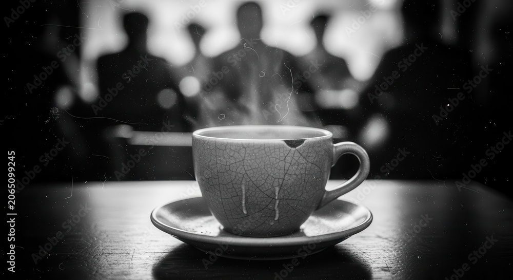 Fototapeta premium Vintage Black and White Artistic Photo of a Steaming Cracked Coffee Cup in a Busy Blurred Cafe Setting